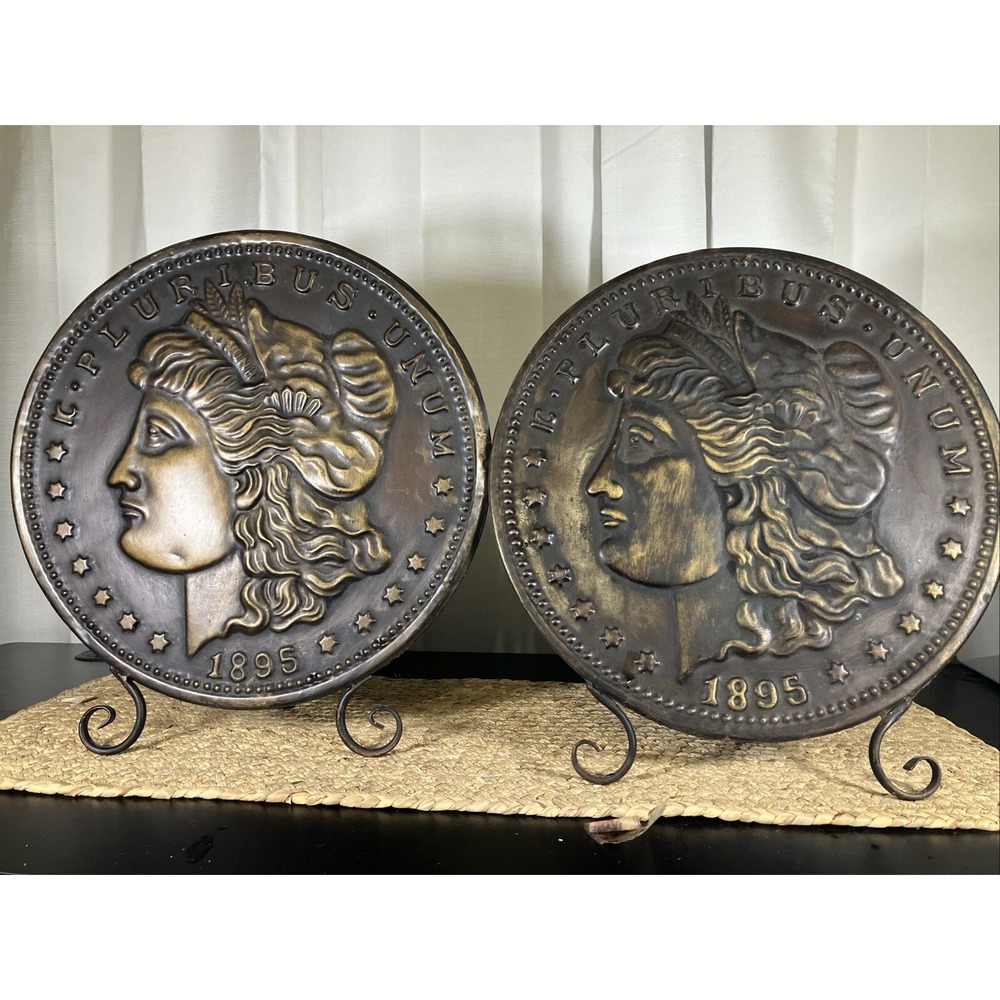 Set Of 2 1895 Morgan Silver Dollar Table Decor‎ 16" Old World VTG Metal Stand